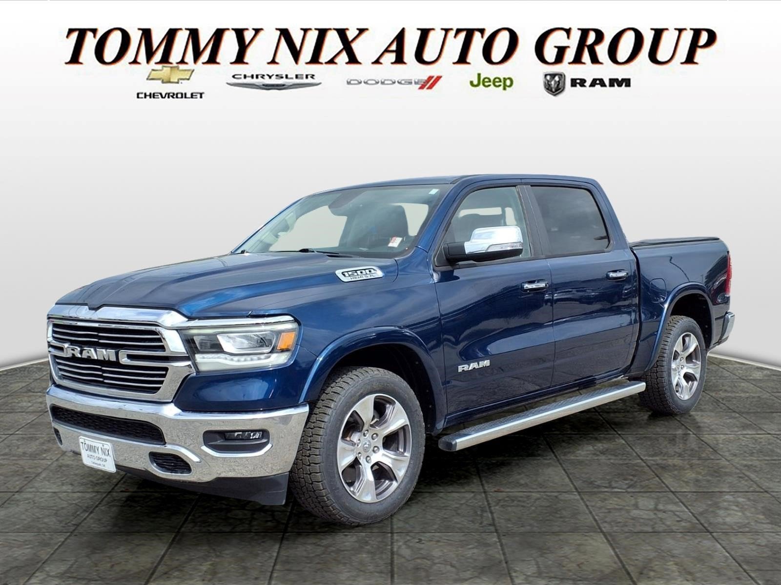 2020 RAM 1500 Laramie in Blue — front three-quarter view